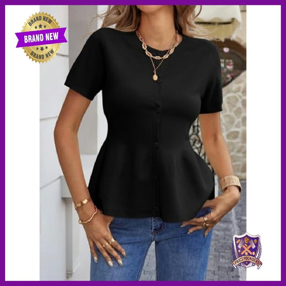 Short Sleeve Cardigan Ruffle Button Crew Neck Peplum Babydoll Sweater Top - Picture 3 of 7